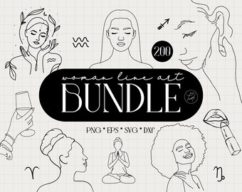 May include: A set of 200 black and white line art illustrations of women with various hairstyles, poses, and zodiac signs. The illustrations are in a minimalist style and are perfect for use in digital or print projects.