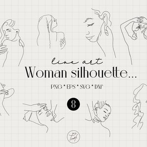 May include: Set of eight line art illustrations of women's silhouettes. The illustrations are in black and white and feature different poses and expressions.