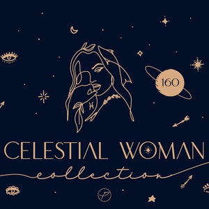 Celestial clip art female line art face, moon clipart one line drawing, constellation seamless pattern, vector art Commercial use