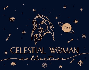 Celestial clip art female line art face, moon clipart one line drawing, constellation seamless pattern, vector art Commercial use