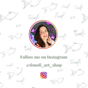 May include: A woman with long brown hair smiles at the camera. She is wearing a colorful patterned shirt. The image is surrounded by a white background with a repeating pattern of gray fish. The text "Follow me on Instagram @timofi_art_shop" is written in green text below the woman's image. An Instagram logo is below the text.