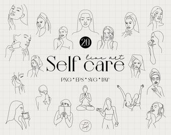 May include: Line art illustrations of women engaged in self-care activities, including applying skincare, meditating, and reading. The text "Self care" is displayed in a stylish font, with the numbers "20" in a circle. The image also includes file type notations: PNG, EPS, SVG, and DXF.