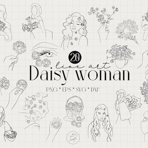 Daisy svg woman line art face, wild floral clipart, woman silhouette svg one line drawing commercial license Png, Eps, Dxf