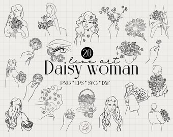 May include: A set of 20 line art illustrations featuring women with daisies. The illustrations are in black and white and have a minimalist style. The text "20 line art Daisy Woman" is included in the image.