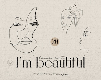 May include: A set of 20 line art illustrations of women's faces. The text "I'm beautiful" is written below the images. The text "line art" is written above the text "I'm beautiful". The text "PNG * EPS * SVG + SVG for Canva" is written below the text "I'm beautiful".