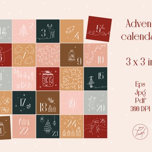 Calendario de adviento de cuenta regresiva navideña para adultos y niños, calendario imprimible con dibujo de una línea 2020, licencia comercial Jpg, Pdf, Eps
