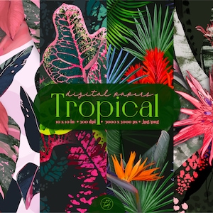 Tropical digital background, botanical floral digital paper, neutral digital paper commercial license Png, Jpg