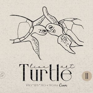 May include: Line art illustration of two sea turtles facing each other. The turtles are drawn in a simple, minimalist style with black lines on a white background. The text "line art turtle" is written below the image, along with the text "PNG * EPS * SVG + SVG for Canva". The number "11" is in a circle in the bottom right corner of the image.