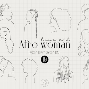 Afro vrouw SVG, haar SVG, zwarte vrouwelijke SVG één lijn kunst, één lijntekening commerciële licentie PNG, EPS, DXF