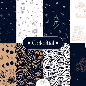 Papel digital Galaxy, papel celestial, papel digital sin costuras de constelación, licencia comercial de mujer de dibujo de una línea Eps, Png, Jpg