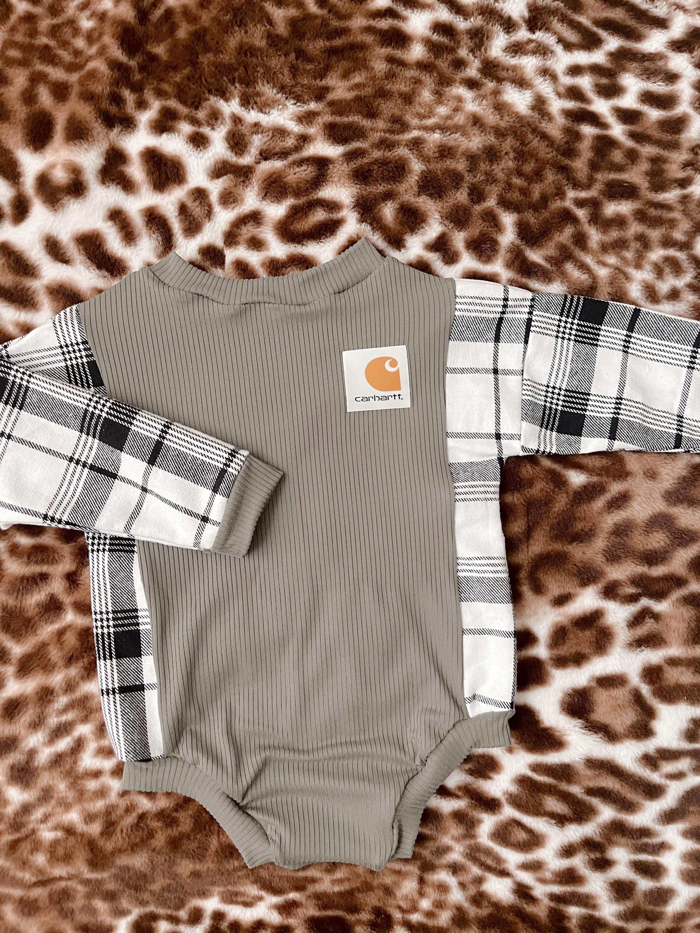 Flannel carhartt romper/  toddler clothing/ baby clothing/western / boho / trendy / vintage/ handmade/ custom baby clothes / romper /leotard
