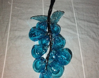 MCM Blown Glass Grape Cluster Artisan Aqua Blue Teal Table Fruit Vintage Decor