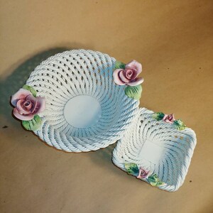 Capodimonte Italian Porcelain Ceramic Rope & Rose Baskets