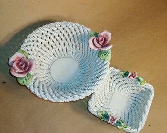 Capodimonte Italian Porcelain Ceramic Rope & Rose Baskets