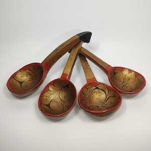 Russian Khokhloma Wood Serving Spoon Ladle Set Hand Carved Painted Red Gold Blk
