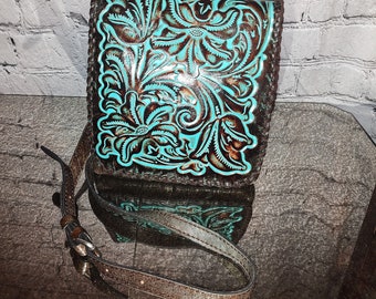 Patricia Nash Granada Crossbody Burnished Tooled Turquoise Genuine Leather