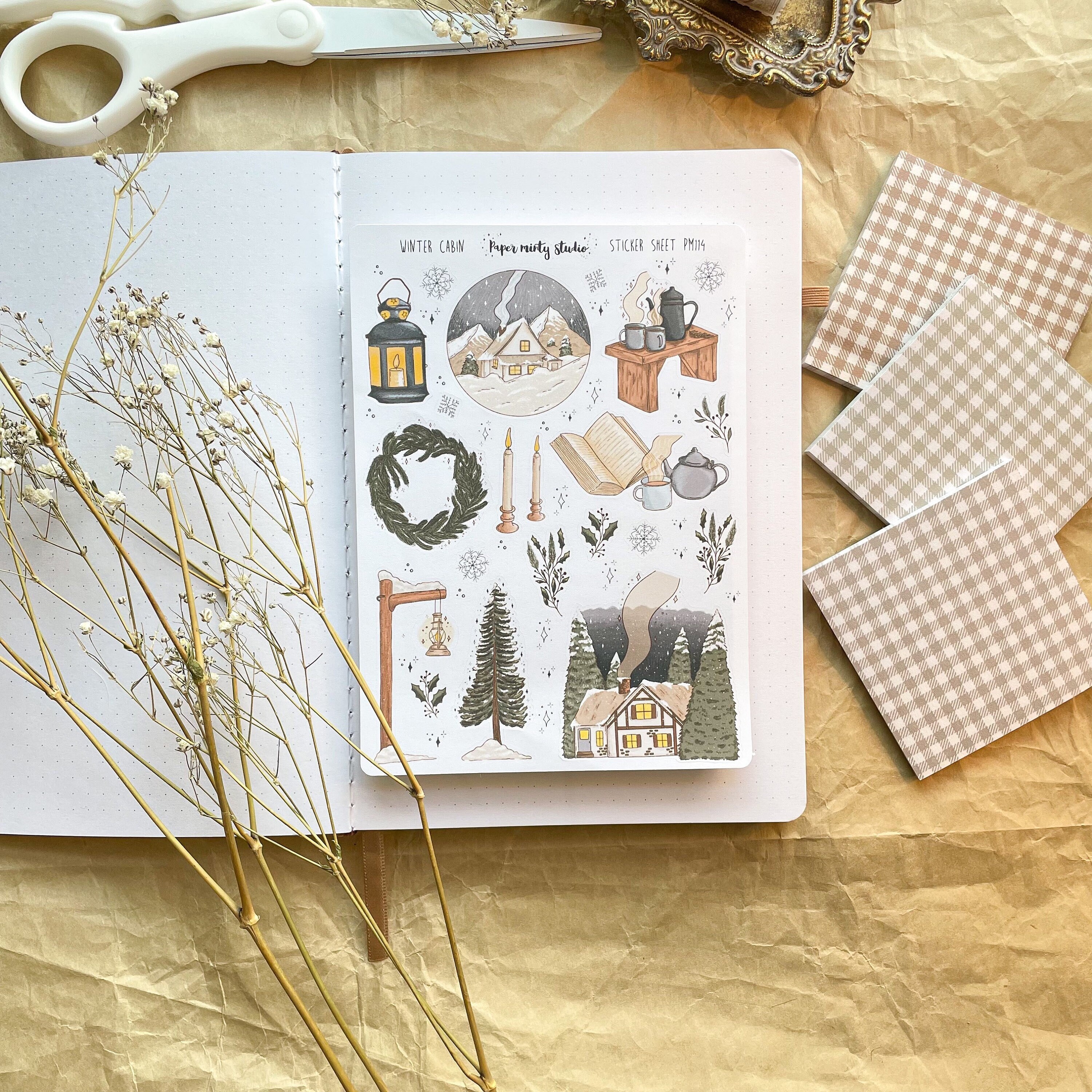 Winter Cabin Sticker Sheet, Bujo Stickers, Planner Stickers, Bullet J…