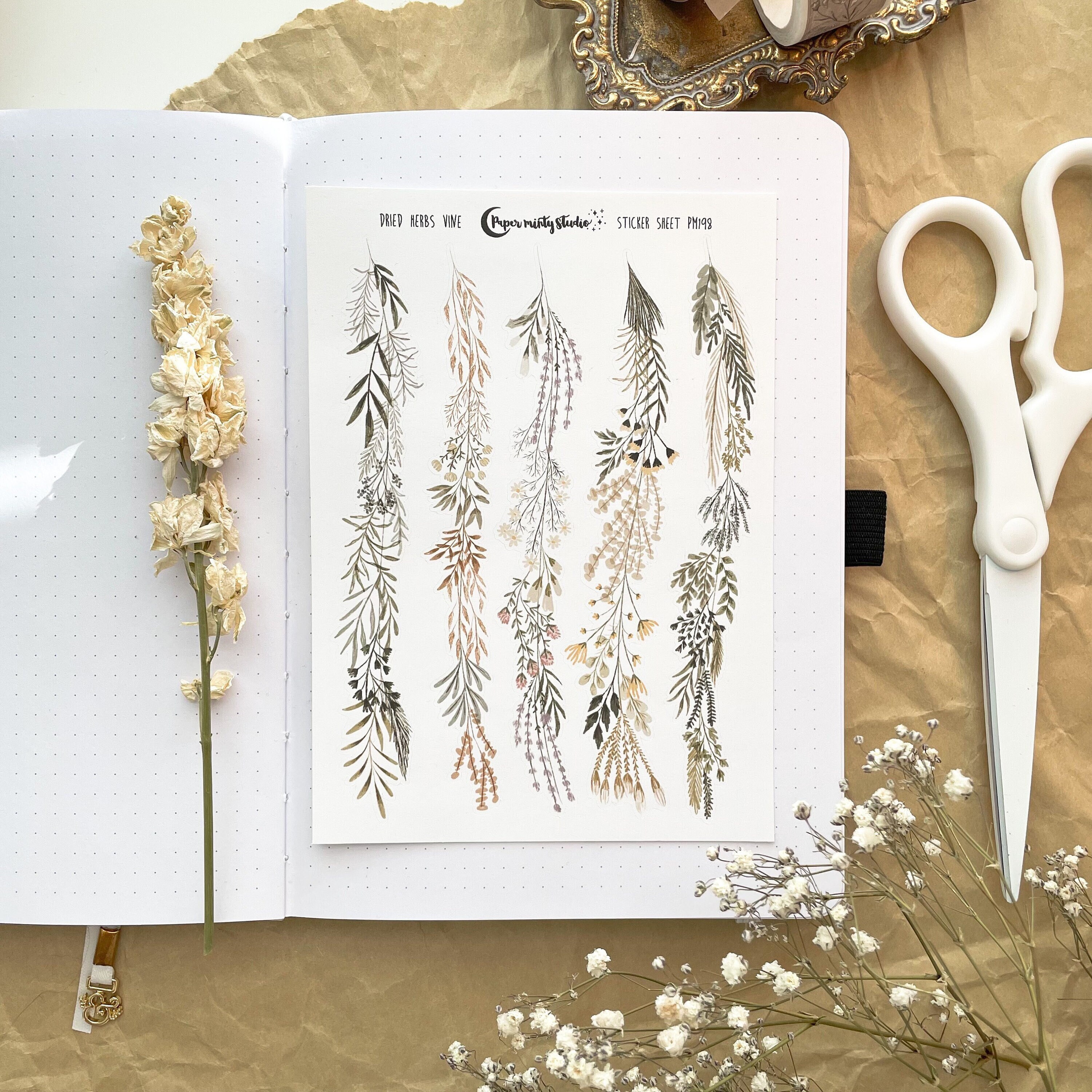 Dried Herb Vine Sticker Sheet, Bujo Stickers, Planner Stickers, Bulle…