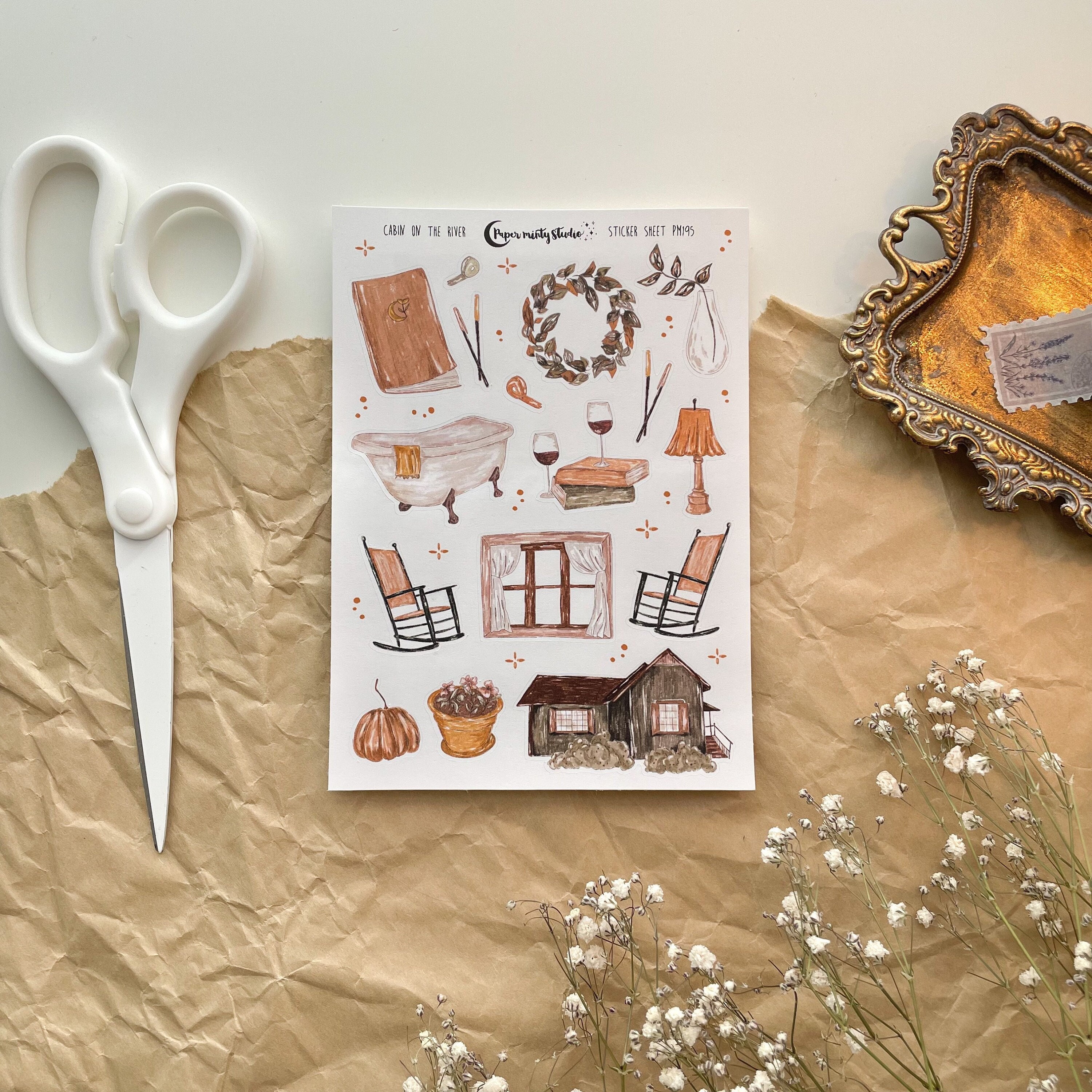 Cabin on the river Sticker Sheet, Bujo Stickers, Planner Stickers, Bu…