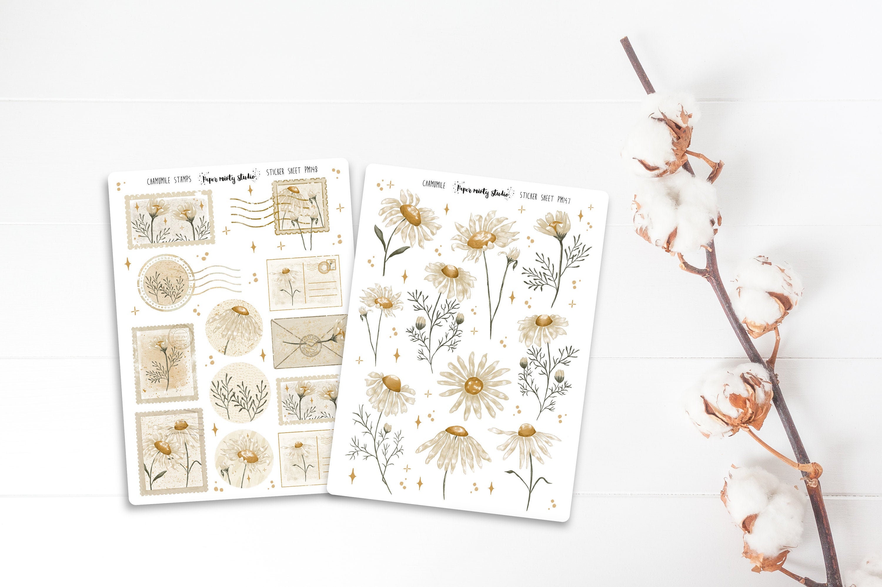 Chamomile Flowers and Stamps Sticker Sheet, Bujo Stickers, Planner St…