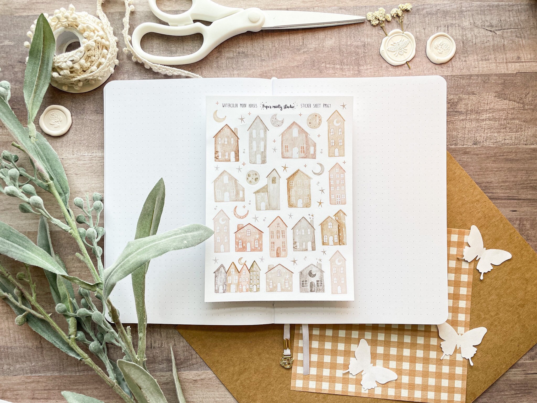 Watercolor Moon Houses Sticker Sheet, Bujo Stickers, Planner Stickers…