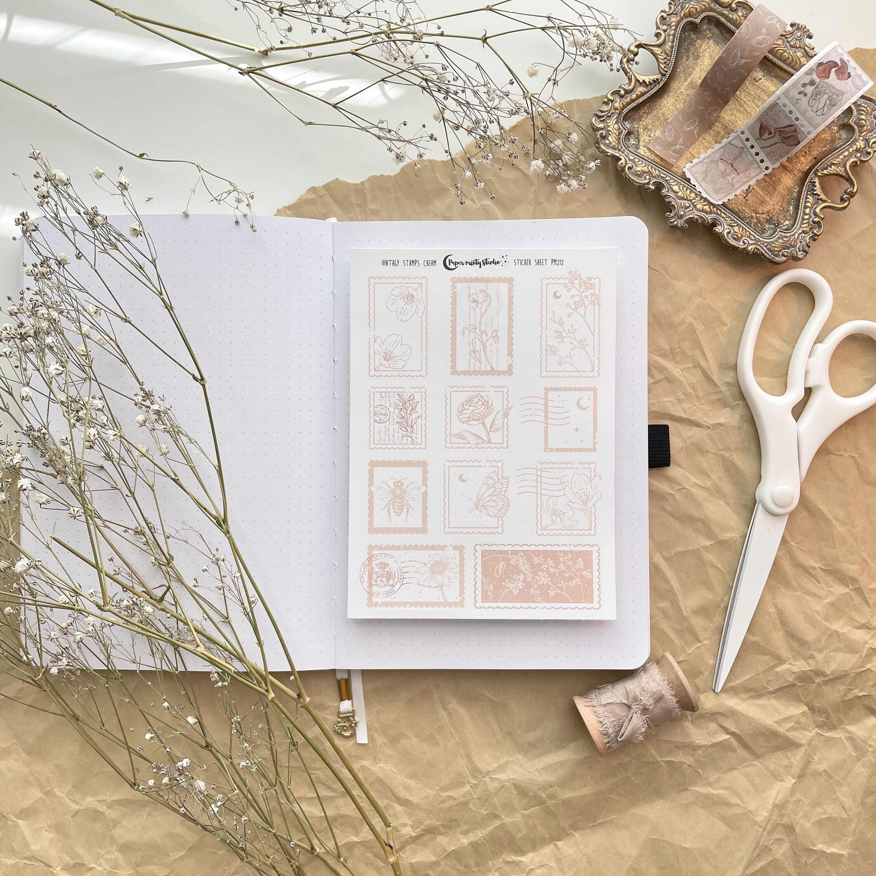 Vintagy Stamps Cream Sticker Sheet, Bujo Stickers, watercolor Planner…