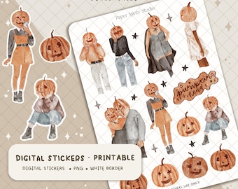 Pumpkin Head Printable Stickers, Cricut Stickers, GoodNotes Stickers, Fall Season Stickers, Fall stickers for planners, Digital file