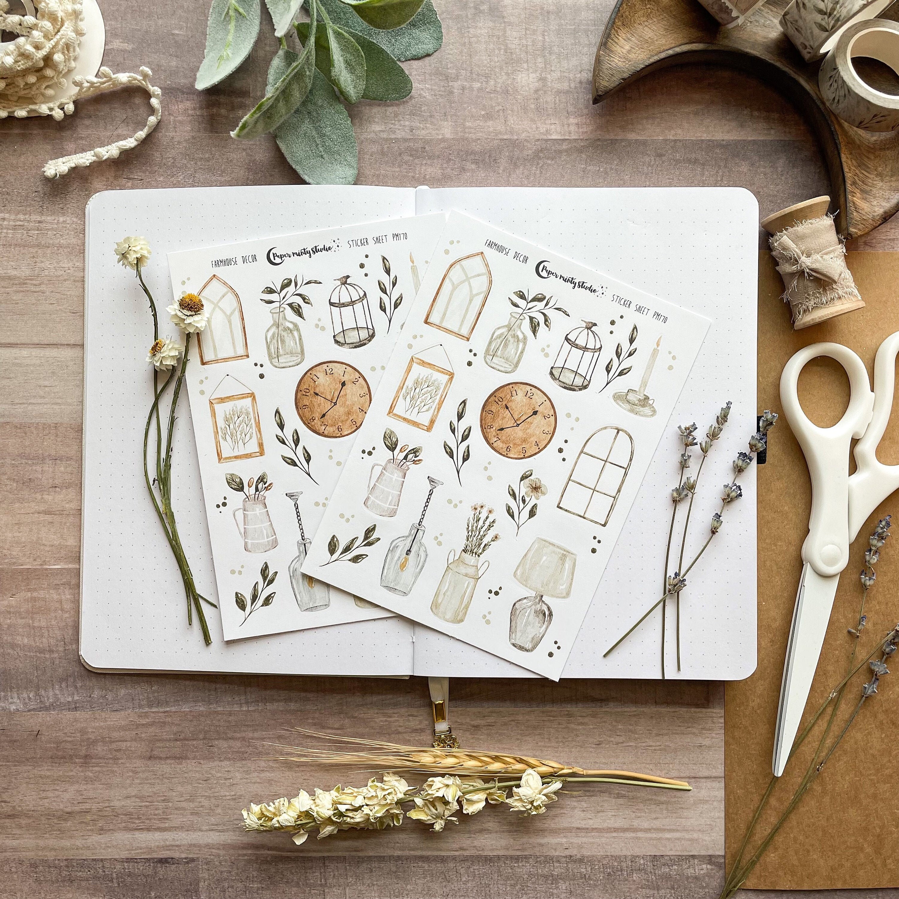 Watercolor Farmhouse Decor Sticker Sheet, Bujo Stickers, Planner Stic…