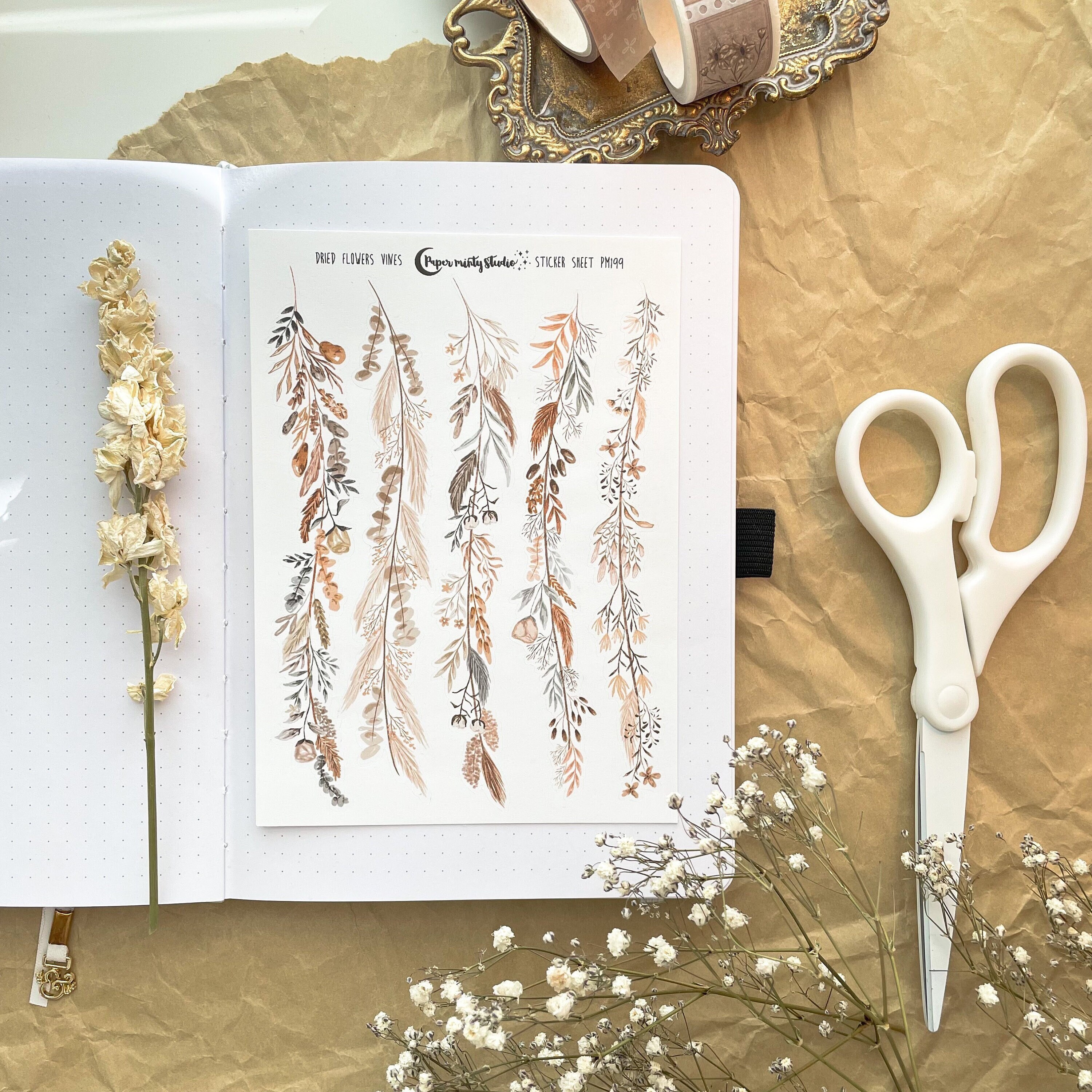 Dried Flowers Vine Sticker Sheet, Bujo Stickers, Planner Stickers, Bu…