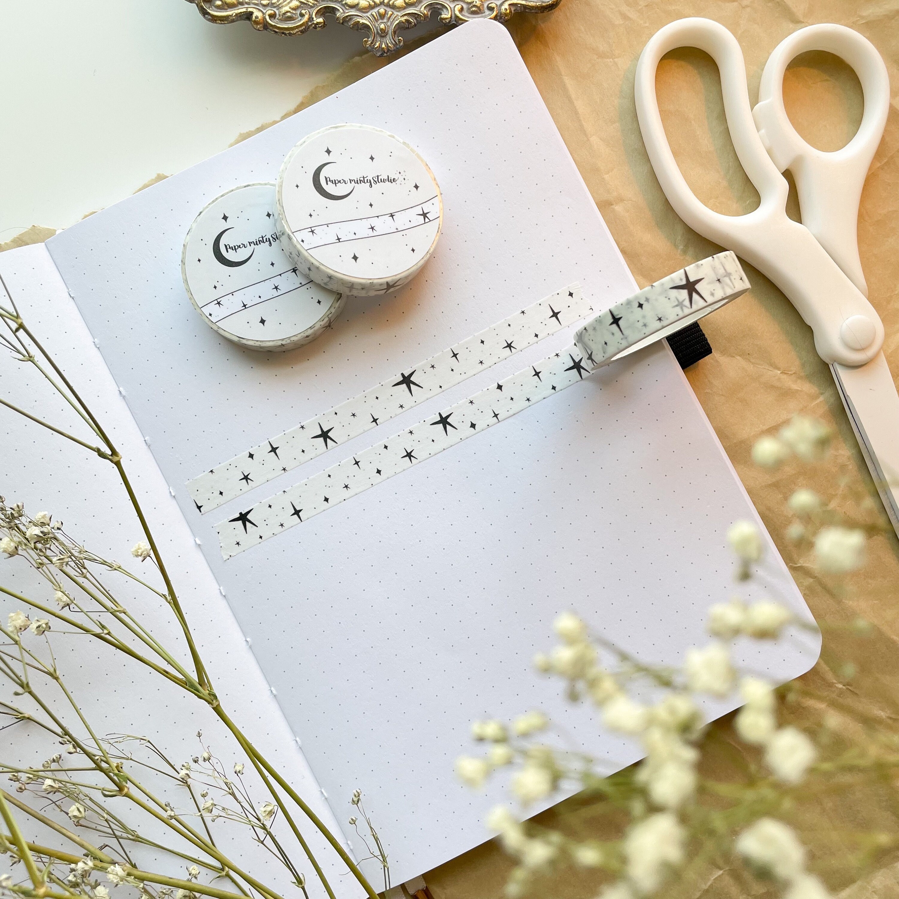 White and Black Stars 10mm Washi Tape, Bujo Washi Tape, Planner Washi…