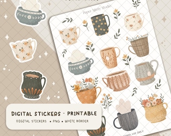 Coffee Cups Printable Stickers, Cricut Stickers, GoodNotes Stickers, Fall Season Stickers, Fall stickers for planners, Digital file