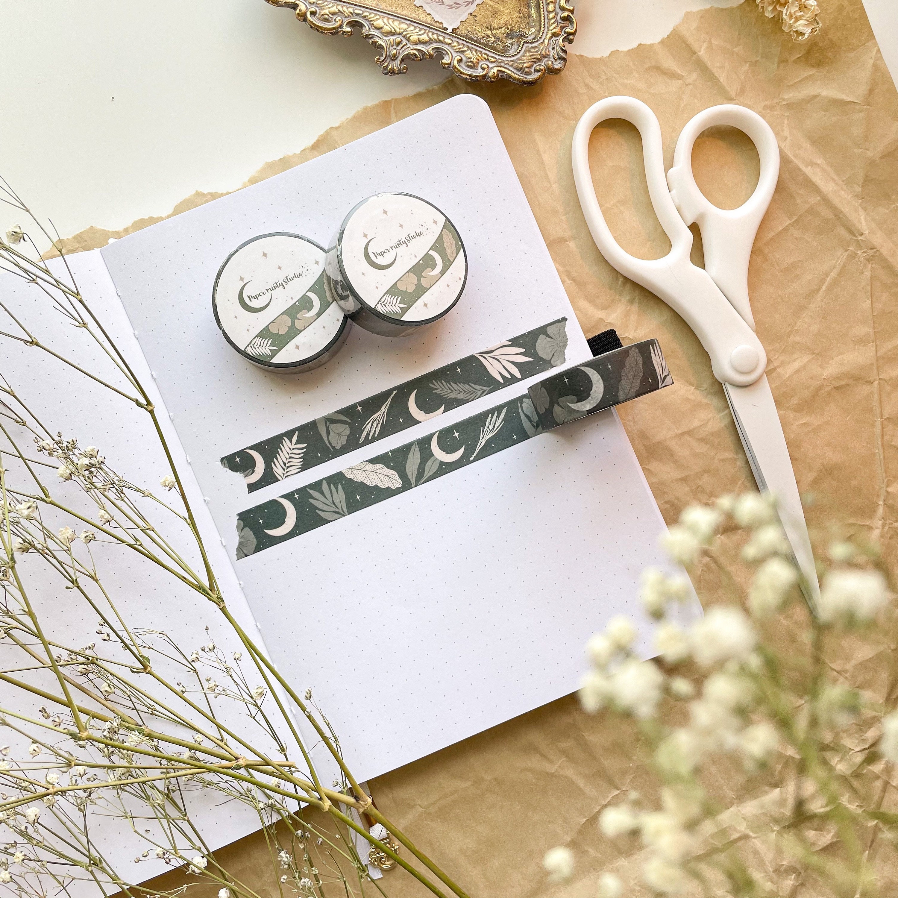 Botanical Moon Green Washi Tape, Bujo Washi Tape, Planner Washi Tape,…