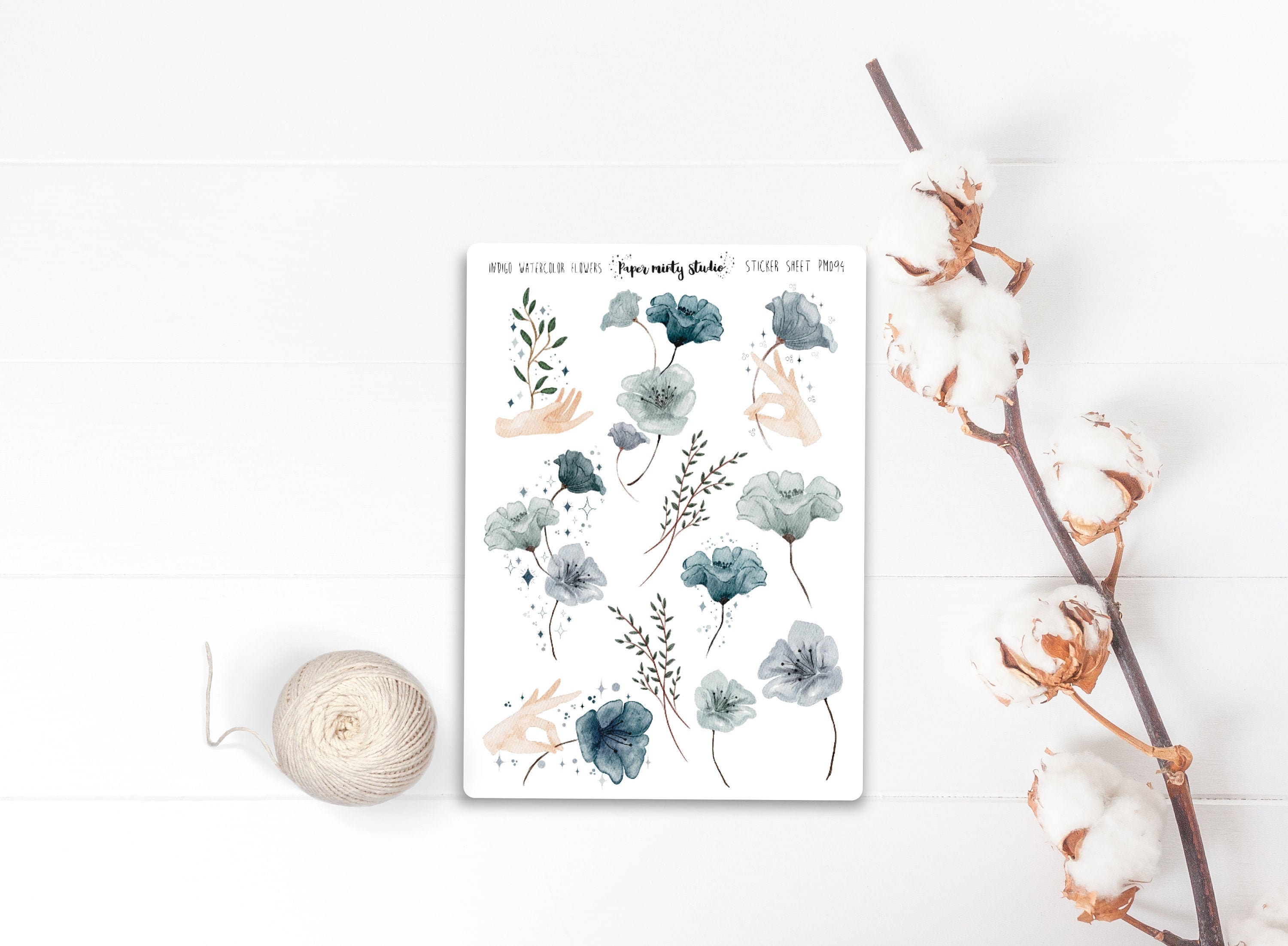 Indigo Watercolor Flowers Sticker Sheet, Bujo Stickers, Planner Stick…