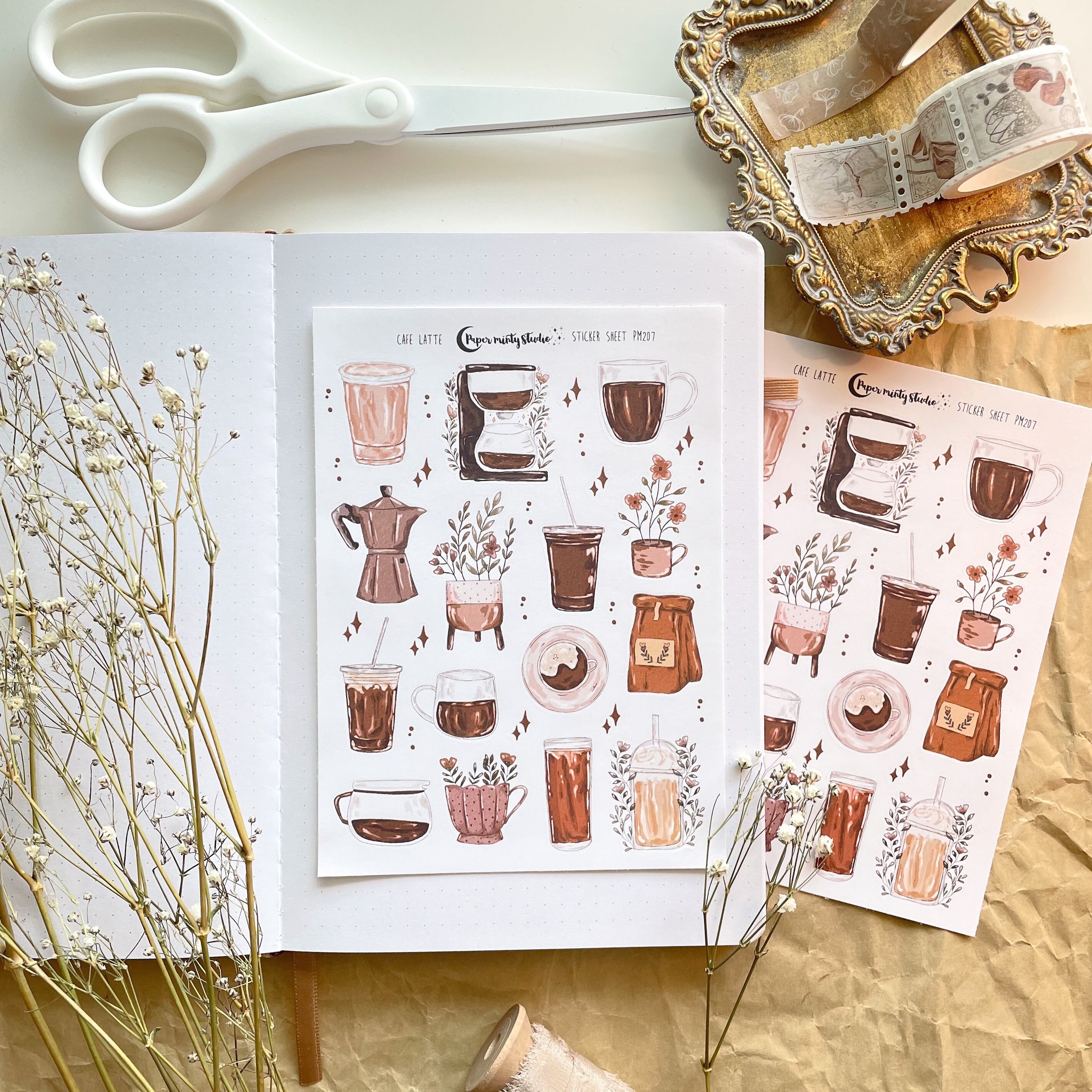 Cafe Latte Sticker Sheet, Coffee Bujo Stickers, Planner Stickers, Bul…