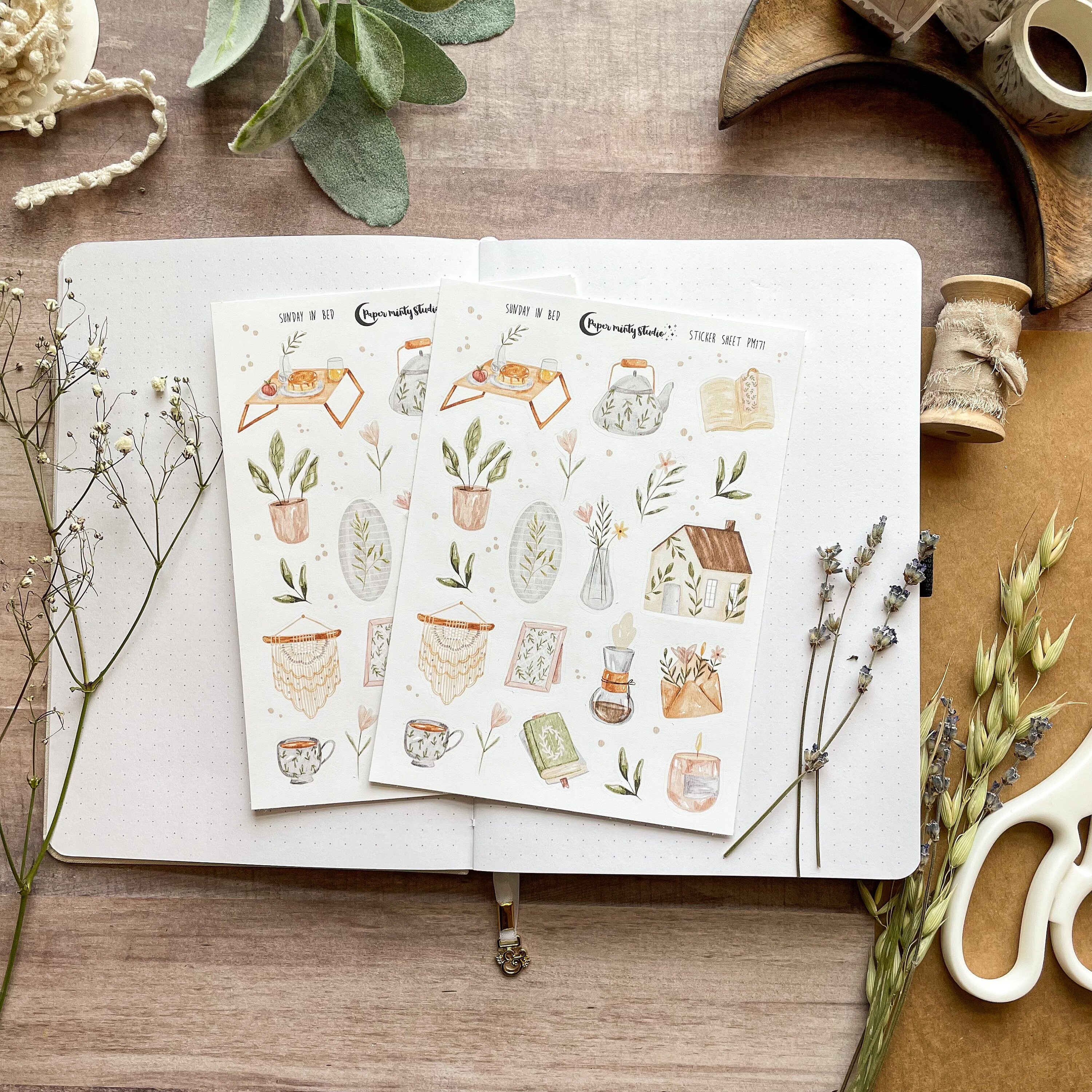 Watercolor Sunday in Bed Sticker Sheet, Bujo Stickers, Planner Sticke…