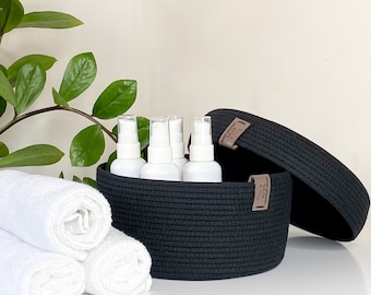 Cotton rope basket in black. Storage basket with lid, bathroom storage