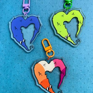 Può includere: Tre portachiavi in acrilico con creature a forma di verme a forma di cuore. Uno è blu, uno verde e il terzo arancione, bianco e rosa. Ogni portachiavi ha un moschettone di colore diverso: viola, verde e arancione.