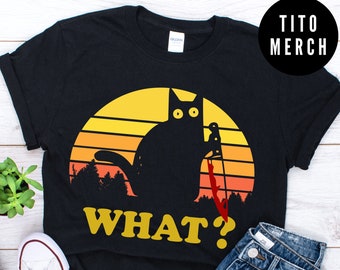 ¿Gato qué? Camiseta vintage con un gato negro gracioso y un cuchillo