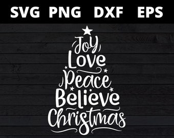 Árbol de Navidad con alegría, amor, paz, creencia, SVG, copos de nieve, archivos SVG de Santa Claus para Cricut, árbol de Navidad con alegría, esperanza, amor, paz, SVG, PNG
