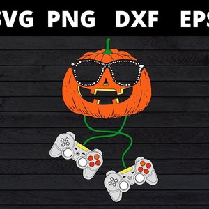 May include: A cartoon pumpkin wearing sunglasses and holding two video game controllers. The pumpkin has a jack-o'-lantern face and is on a dark wood background.