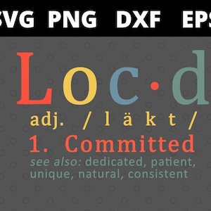 Może przedstawiać: Cyfrowa grafika z napisem "Loc.d" w kolorach, definiująca "Committed" i powiązane terminy. Zawiera typy plików: SVG, PNG, DXF i EPS.