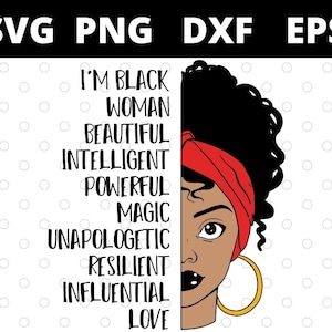 May include: Black and white digital illustration of a woman with a red headband and gold hoop earrings. The text "I'm Black Woman Beautiful Intelligent Powerful Magic Unapologetic Resilient Influential Love" is on the left side of the image.