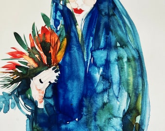 Lámina artística de mujer de azul: decoración de pared moderna para sala de estar