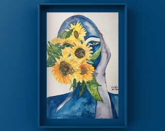 Impresión artística de girasol de mujer azul: arte mural moderno en acuarela