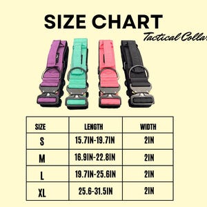 May include: Size chart for a tactical dog collar in four sizes: small, medium, large, and extra large. The chart shows the length and width of each size in inches. The collar is available in four colors: purple, green, pink, and black.