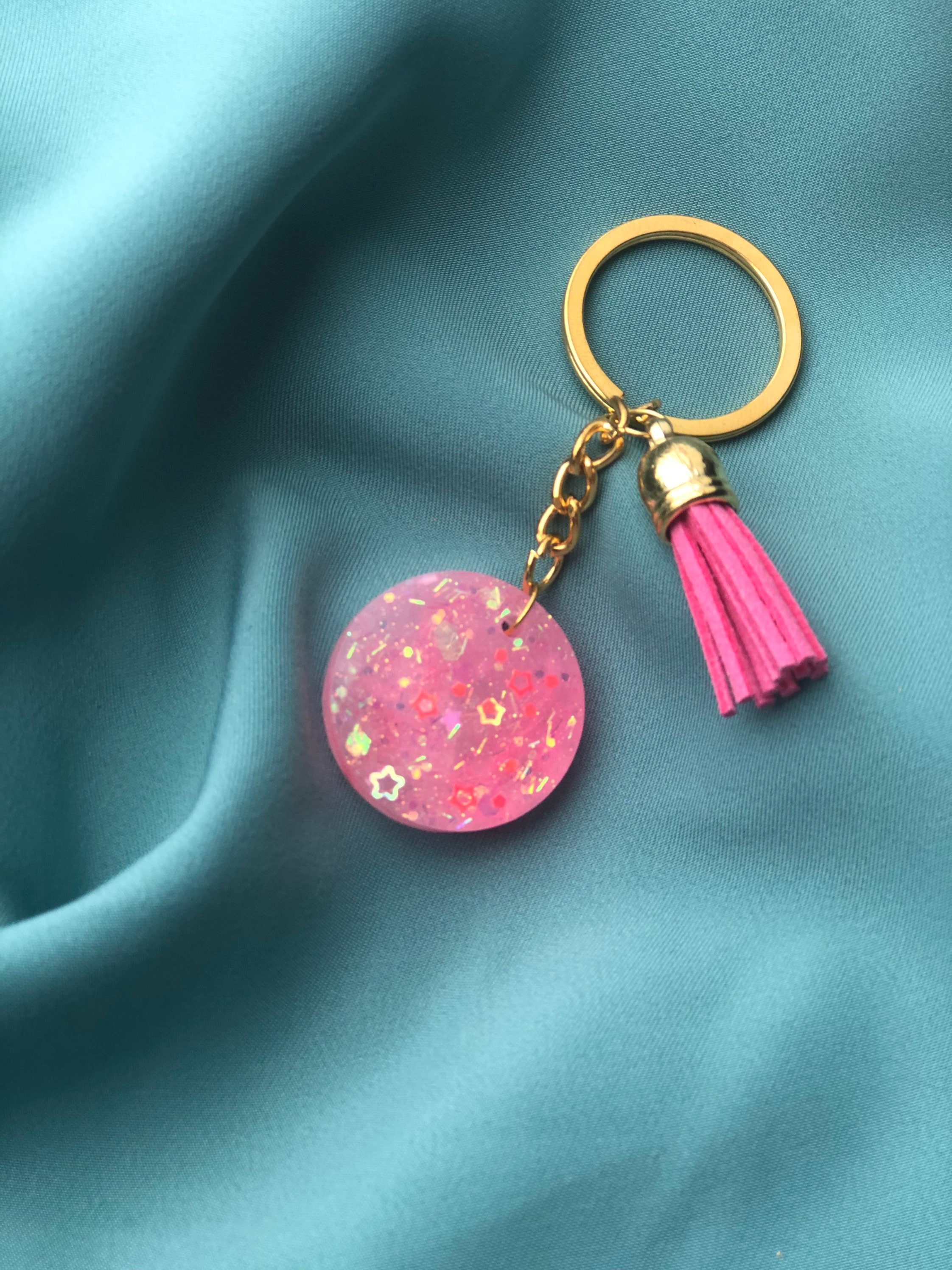 Round pink key ring marbled back Etsy