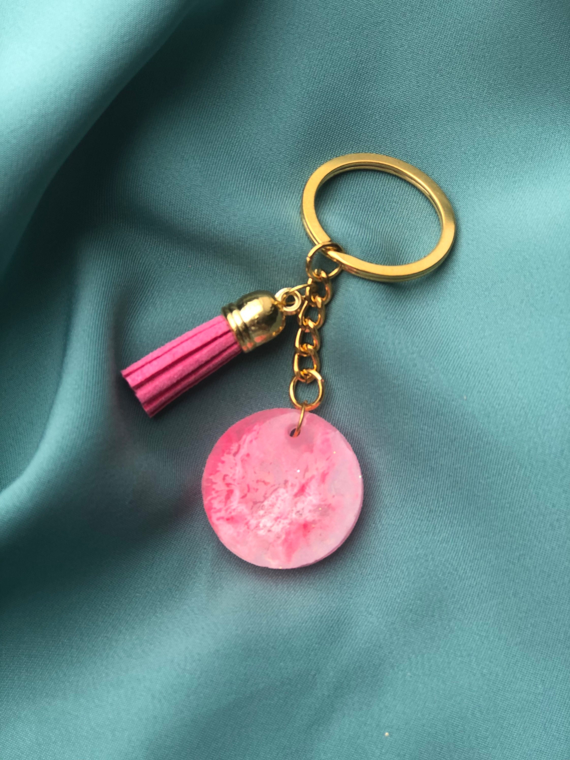 Round pink key ring marbled back Etsy