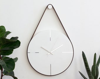 White/Silver Minimalist Wall Clock, Concrete Clock, Unique Wall Clock, Modern Wall Clock, Large Wall Clock, Leather Strap Wall Hanging Clock