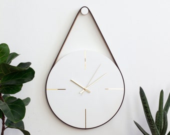 White/Gold Unique Wall Clock, Minimalist Wall Clock, Concrete Wall Clock, Modern Wall Clock, Leather Clock, Leather Strap Wall Hanging Clock