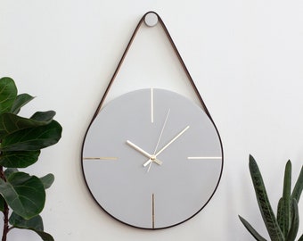 Grey/Gold Modern Wall Clock, Unique Wall Clock, Concrete Wall Clock, Minimalist Wall Clock, Leather Clock, Leather Strap Wall Hanging Clock